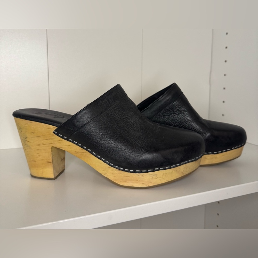Free People Black Leather Clogs with Wooden Heel